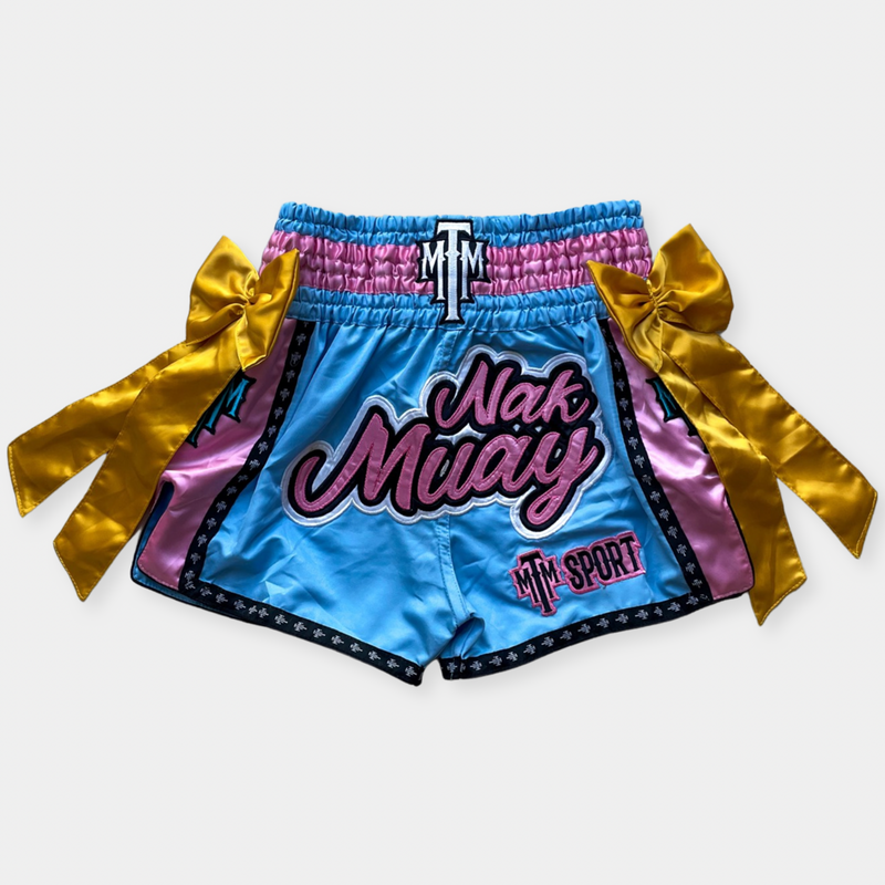 "NAK MUAY” MUAY THAI SHORTS - BLUE/PINK
